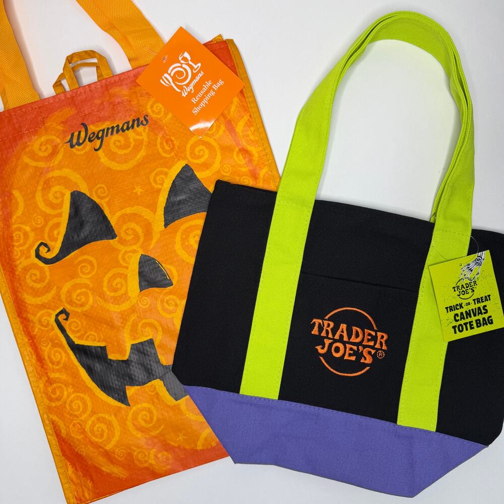 SET OF 2 HALLOWEEN TOTE BAGS — Trader Joe’s Canvas Mini + Wegmans Jack-o-Lantern